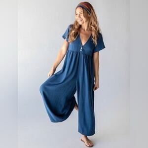 Natural Life Avery Linen Rayon Wide Leg Jumpsuit Indigo Blue Size Small NWT